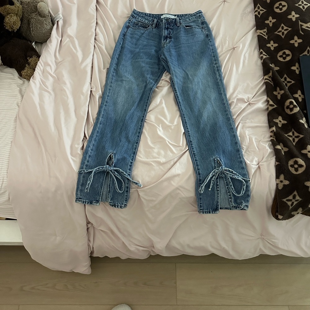 Classic Blue Straight Leg Women's Jeans with Bow Details